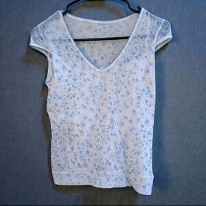 Vintage Y2K Sheer Mesh Floral Top Blue White Fairycore Cap Sleeve Stretch Tee
